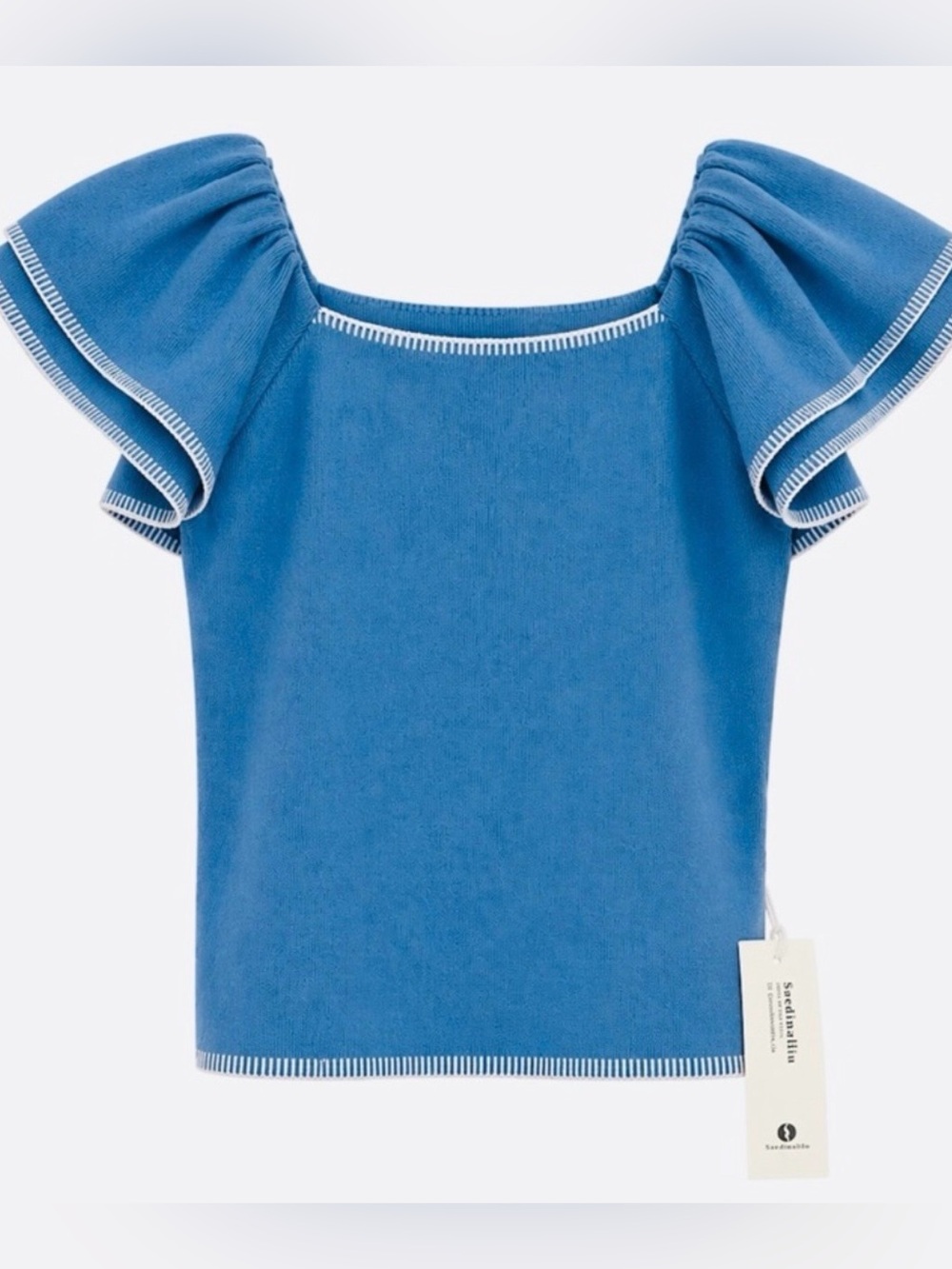 Blue Ruffle Sleeve Knit Top